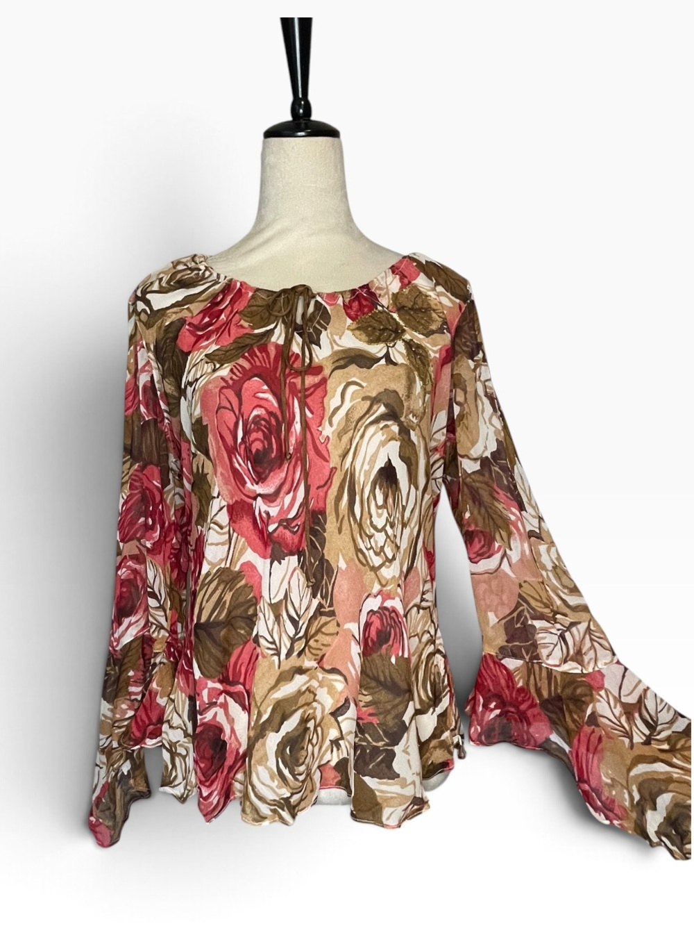 Vintage Angie 90s Y2K Rose Floral Print Tie Neck Bell Sleeve Blouse Large